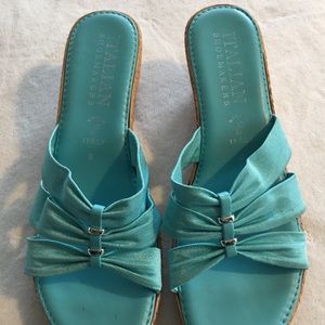 Pretty shimmer blue Italian wedge slip on sandal